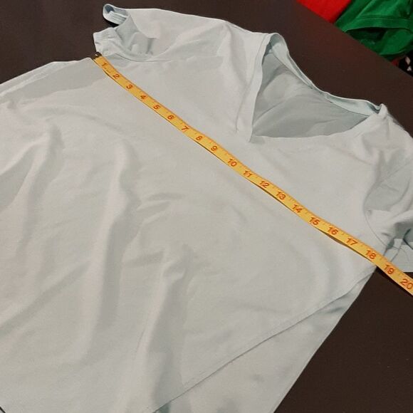 Light Blue Hi Low Silky Back Vee Neck Blouse - Picture 5 of 6